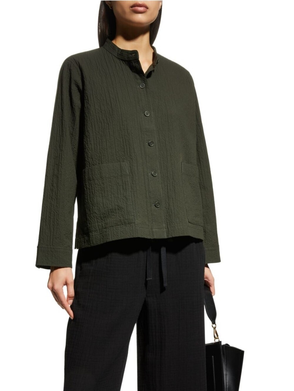 Eileen Fisher Organic Cotton Textured Shirt Jacket Patch Pockets in Green XS